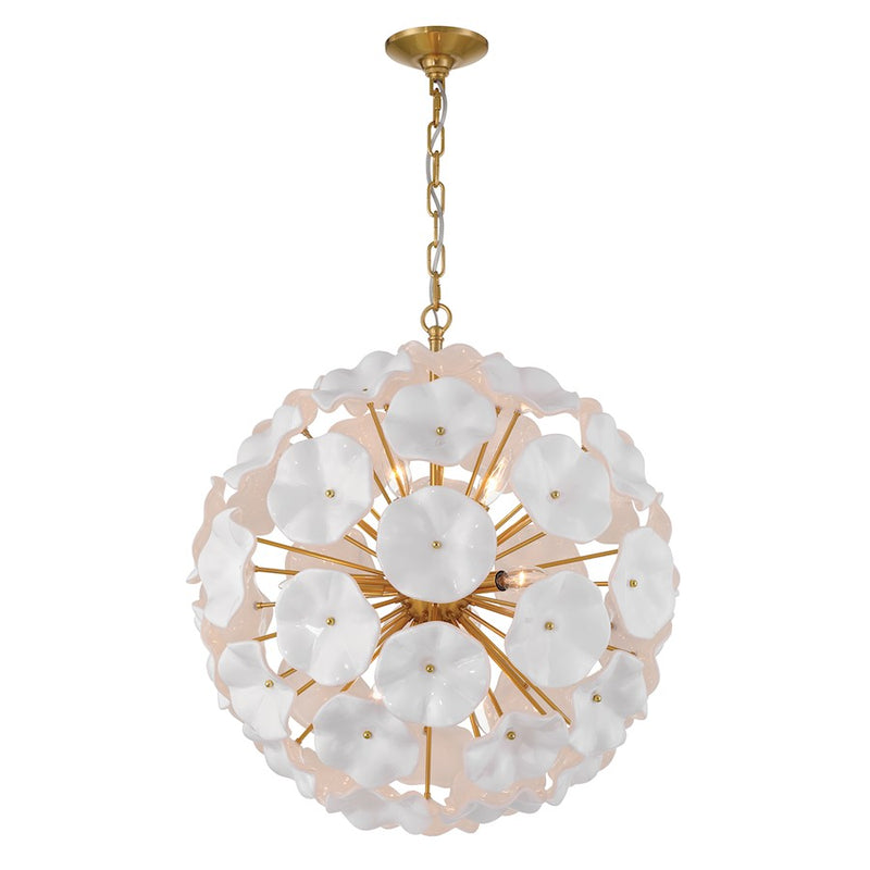 Crystorama Esme 9Lt Pendant, Brass/Floral Glass Petals White