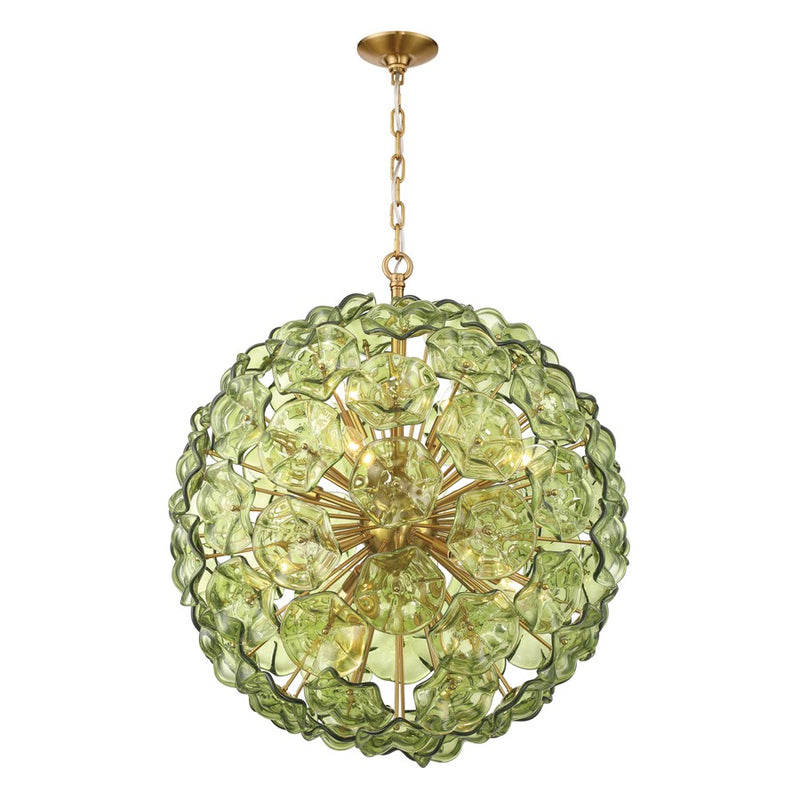 Crystorama Esme 12 Light 28" Chandelier, Aged Brass/Green