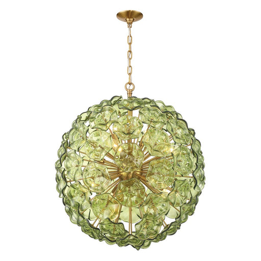 Crystorama Esme 12 Light 28" Chandelier, Aged Brass/Green - ESM-4009-AG-GR