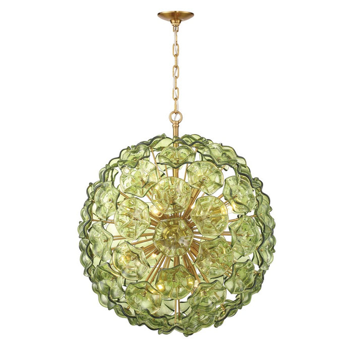 Crystorama Esme 12 Light 28" Chandelier, Aged Brass/Green