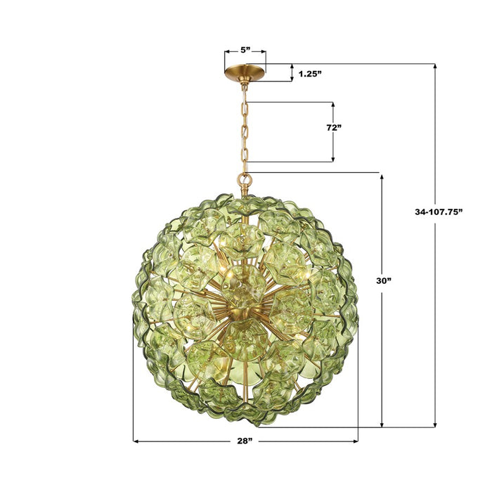 Crystorama Esme 12 Light 28" Chandelier, Aged Brass/Green