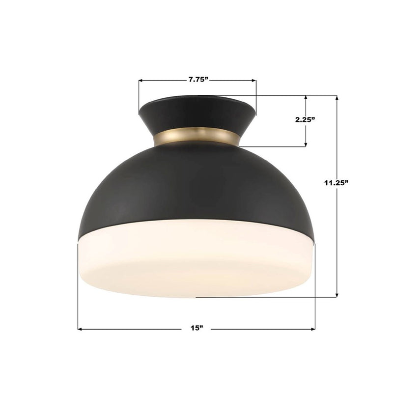 Crystorama Gidget 2Lt 15" Flush Mount, Black/Gold/Etched Opal