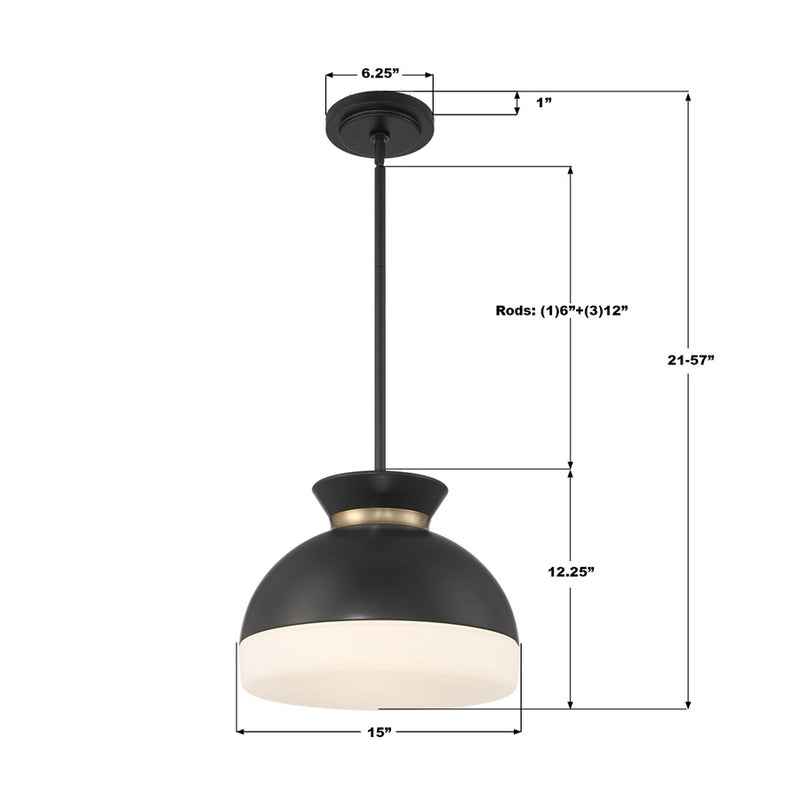 Crystorama Gidget 2Lt 15" Mini Pendant, Black/Gold/Etched Opal