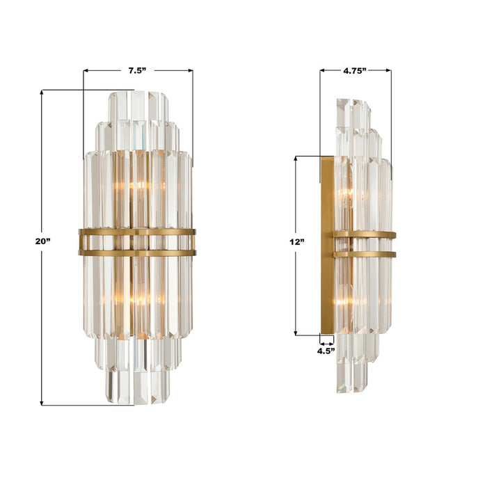 Crystorama Hayes 2 Light 7.5" Sconce, Aged Brass/Clear