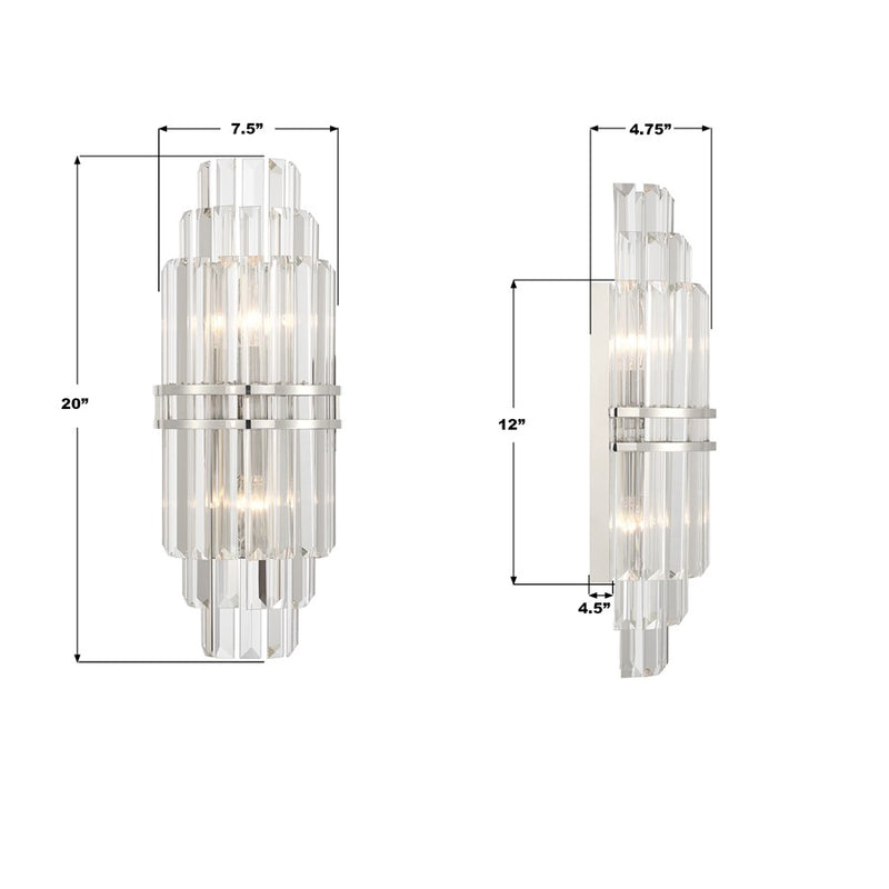Crystorama Hayes 2 Light 7.5" Sconce, Polished Nickel/Clear