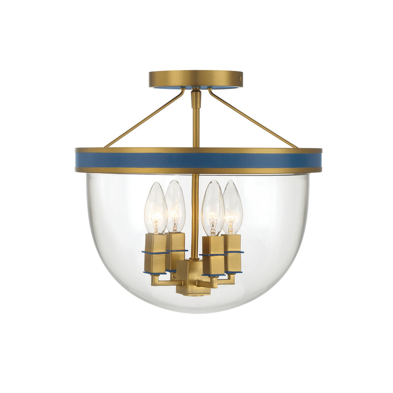 Crystorama Herrick 13in 4-Light Semi-Flush Mount | Contemporary Luxe Gold and Navy Steel with Clear Glass | Entryway & Hallway Ceiling Light | Model HRK-2500-LG-NY