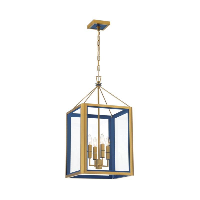 Crystorama Herrick 15in 4-Light Chandelier | Contemporary Luxe Gold and Navy Steel with Clear Glass | Kitchen Island & Dining Room Pendant | Model HRK-2505-LG-NY