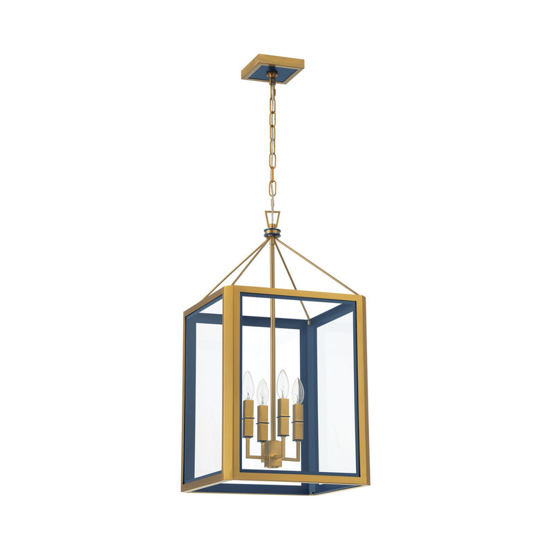 Crystorama Herrick 15in 4-Light Chandelier | Contemporary Luxe Gold and Navy Steel with Clear Glass | Kitchen Island & Dining Room Pendant | Model HRK-2505-LG-NY