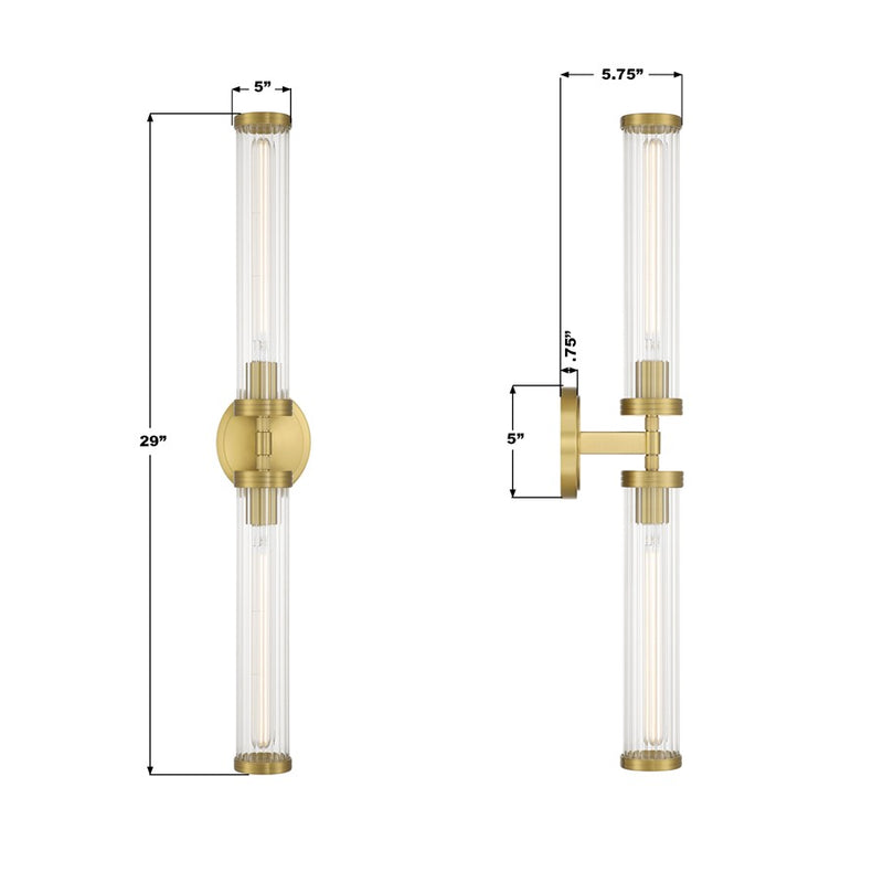 Crystorama Jarvis 2 Light 29" Sconce, Aged Brass/Clear
