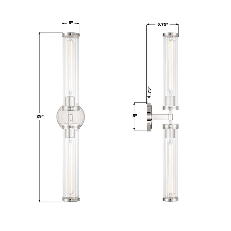 Crystorama Jarvis 2 Light 29" Sconce, Polished Nickel/Clear
