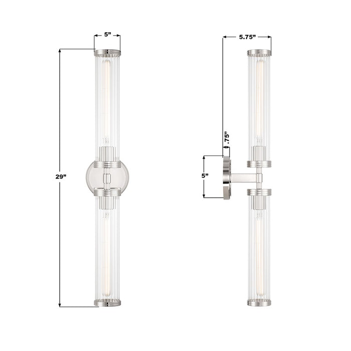 Crystorama Jarvis 2 Light 29" Sconce, Polished Nickel/Clear