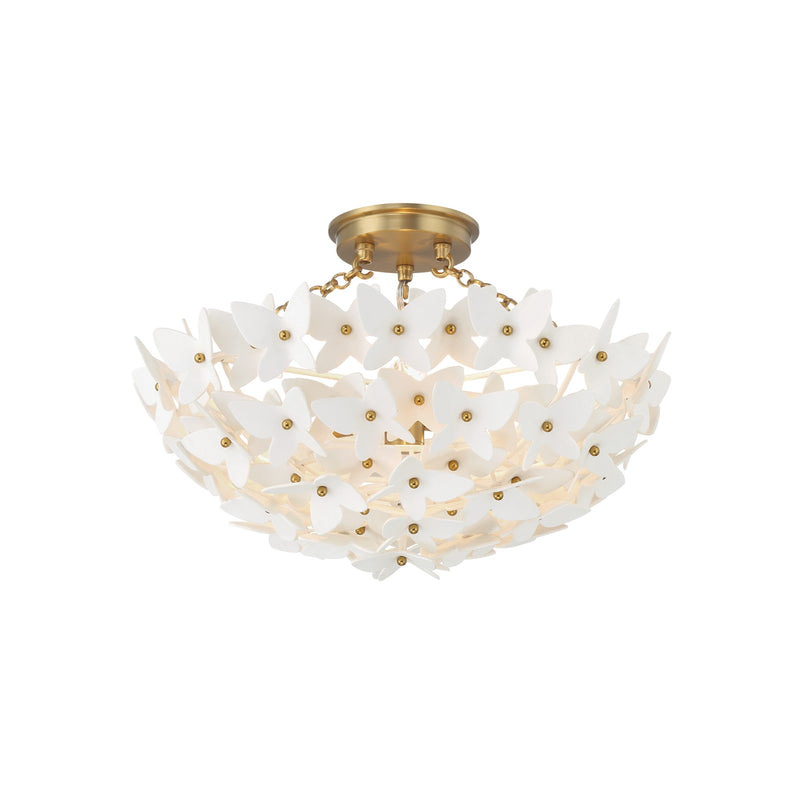 Crystorama Killian 17.25in 3-Light Semi-Flush Mount | Coastal Luxe Gold Steel and White Ceramic Butterfly | Bedroom & Bathroom Ceiling Light | Model KLN-5200-LG