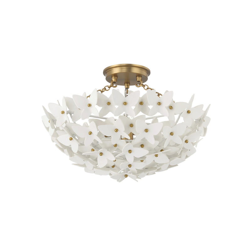 Crystorama Killian 17.25in 3-Light Semi-Flush Mount | Coastal Luxe Gold Steel and White Ceramic Butterfly | Bedroom & Bathroom Ceiling Light | Model KLN-5200-LG