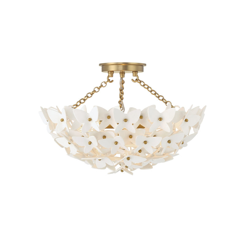 Crystorama Killian 17.25in 3-Light Semi-Flush Mount | Coastal Luxe Gold Steel and White Ceramic Butterfly | Bedroom & Bathroom Ceiling Light | Model KLN-5200-LG