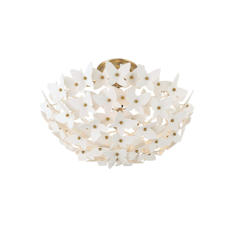 Crystorama Killian 17.25in 3-Light Semi-Flush Mount | Coastal Luxe Gold Steel and White Ceramic Butterfly | Bedroom & Bathroom Ceiling Light | Model KLN-5200-LG