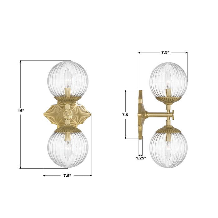 Crystorama Orly 2 Light 7.5" Sconce, Aged Brass/Clear