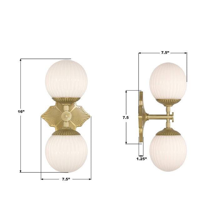 Crystorama Orly 2 Light 7.5" Sconce, Aged Brass/White