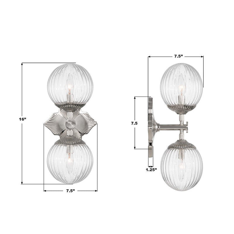 Crystorama Orly 2 Light 7.5" Sconce, Polished Nickel/Clear
