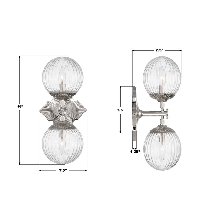 Crystorama Orly 2 Light 7.5" Sconce, Polished Nickel/Clear