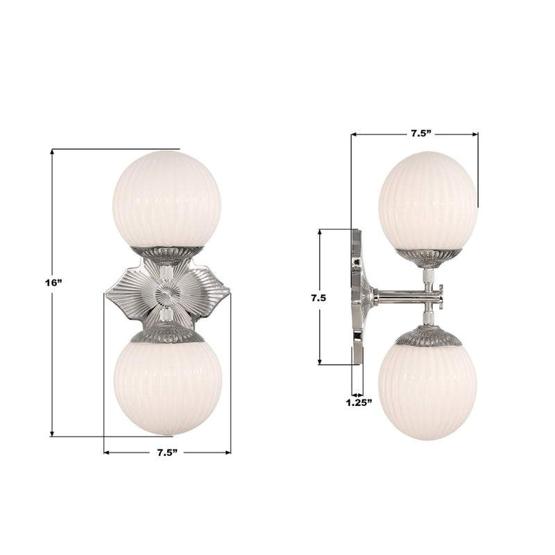 Crystorama Orly 2 Light 7.5" Sconce, Polished Nickel/White