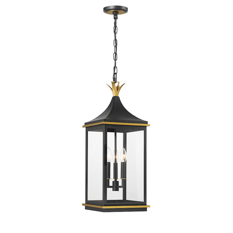Crystorama Simpson 3 Light Outdoor Pendant, Black/Textured Gold