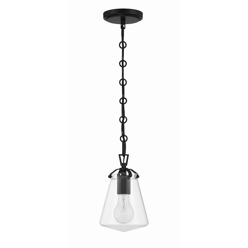 Crystorama Voss 1 Light 9" Mini Pendant, Matte Black/Clear Glass
