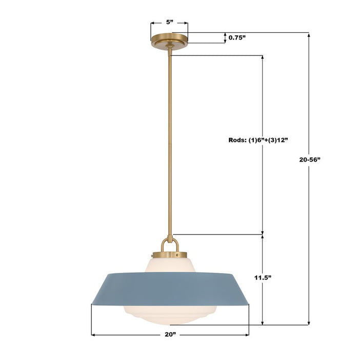 Crystorama Xander 3 Light 20" Pendant, Vibrant Gold/Blue/White