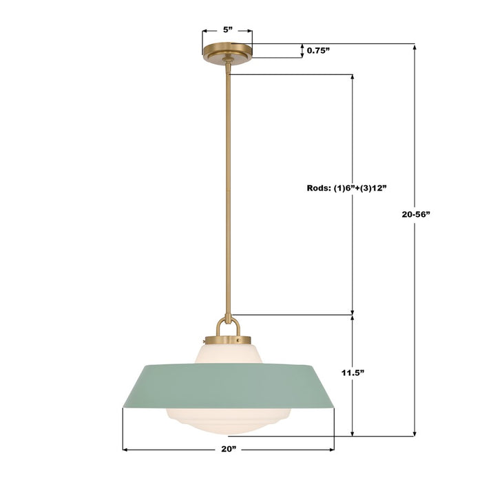 Crystorama Xander 3 Light 20" Pendant, Vibrant Gold/Green/White