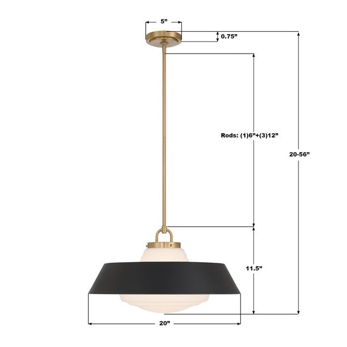 Crystorama Xander 3 Light 20" Pendant, Vibrant Gold/Black/White