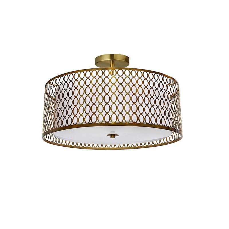 Dainolite Kordan 17in 3-Light Semi-Flush Mount | Modern Aged Brass Metal and White Fabric Shade | Living Room & Bedroom | 17 x 17 | Model 1015-16FH-AGB-WH