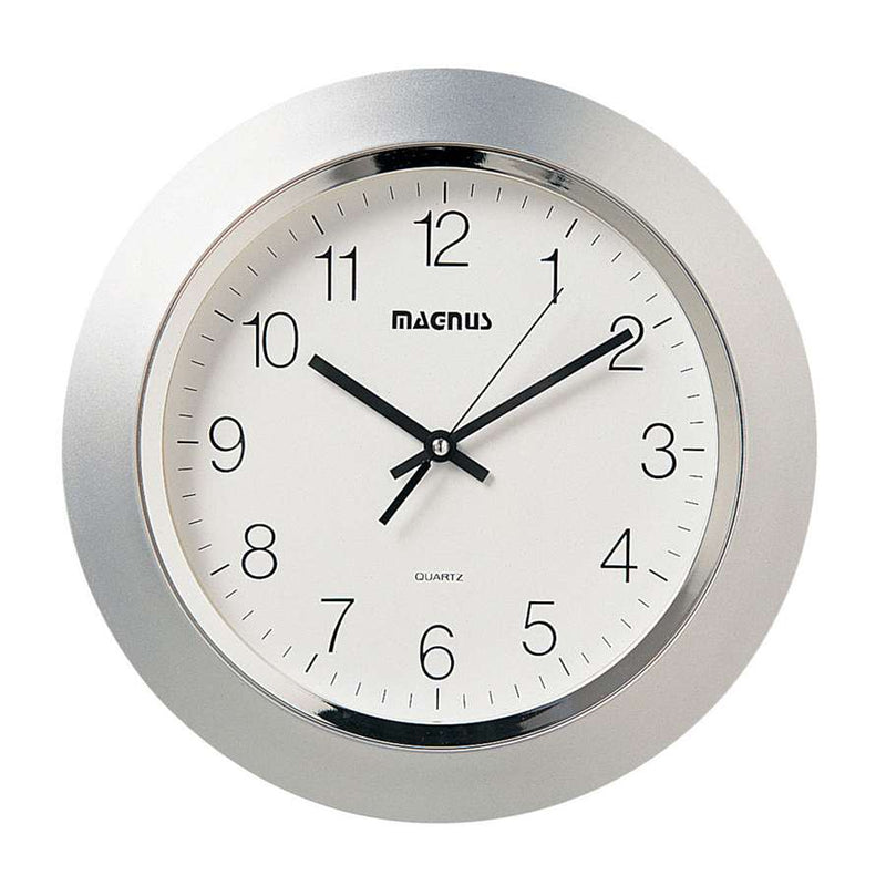 Dainolite Quartz 14in Round Wall Clock | Silver Plastic Frame | Living Room & Kitchen Accent | Battery Operated, Silent Sweep | Model 29012-MT-SV