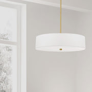 Dainolite Everly 20in 4-Light Pendant | Transitional White and Aged Brass Fabric Drum | Kitchen Island & Dining Room | Model 571-204P-AGB-WH