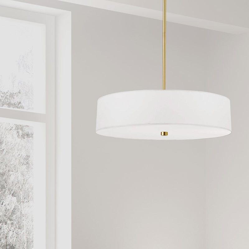 Dainolite Everly 20in 4-Light Pendant | Transitional White and Aged Brass Fabric Drum | Kitchen Island & Dining Room | Model 571-204P-AGB-WH