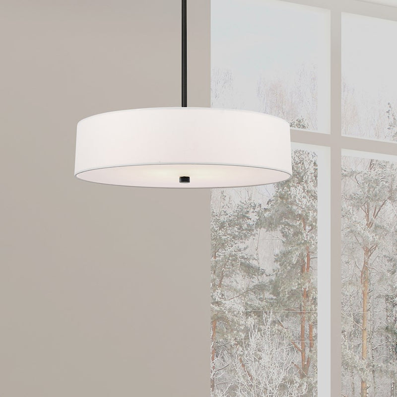 Dainolite Everly 20in 4-Light Pendant | Transitional Matte Black and White Fabric Drum | Kitchen Island & Dining Room | Model 571-204P-MB-WH