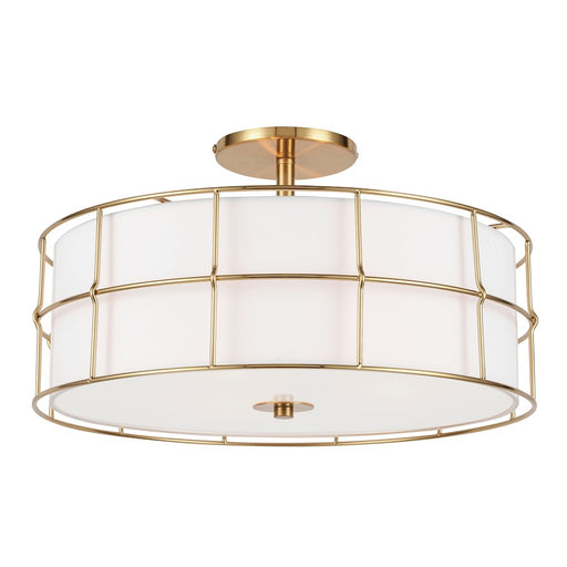 Dainolite Alcala 16in 3-Light Semi-Flush Mount | Transitional Aged Brass and White Fabric Drum Shade | Entryway & Hallway | Model ALC-163SF-AGB
