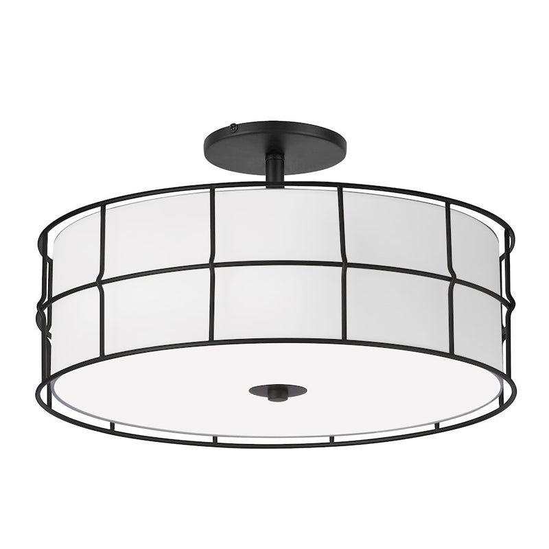 Dainolite Alcala 16in 3-Light Semi-Flush Mount | Transitional Matte Black and White Fabric Drum Shade | Entryway & Hallway | Model ALC-163SF-MB