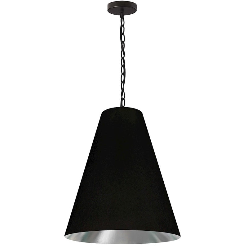 Dainolite Anaya 20in 1-Light Pendant | Transitional Matte Black Fabric and Silver Fabric Tapered Drum | Kitchen Island & Dining Room | Model ANA-M-MB-697