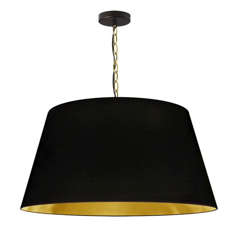 Dainolite Brynn 26in 1-Light Pendant | Transitional Black Metal and Aged Brass with Gold Fabric Drum Shade | Kitchen Island & Dining | Model BRY-L-AGB-698