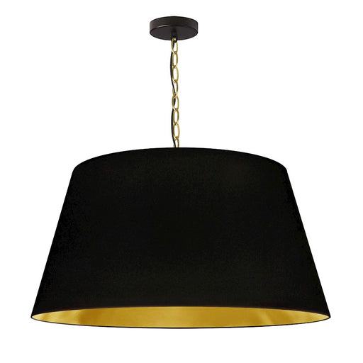 Dainolite Brynn 26in 1-Light Pendant | Transitional Black Metal and Aged Brass with Gold Fabric Drum Shade | Kitchen Island & Dining | Model BRY-L-AGB-698