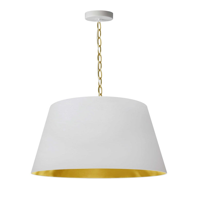 Dainolite Brynn 20in 1-Light Pendant | Transitional White Metal and Aged Brass with Gold Fabric Drum Shade | Kitchen Island & Dining | Model BRY-M-AGB-692