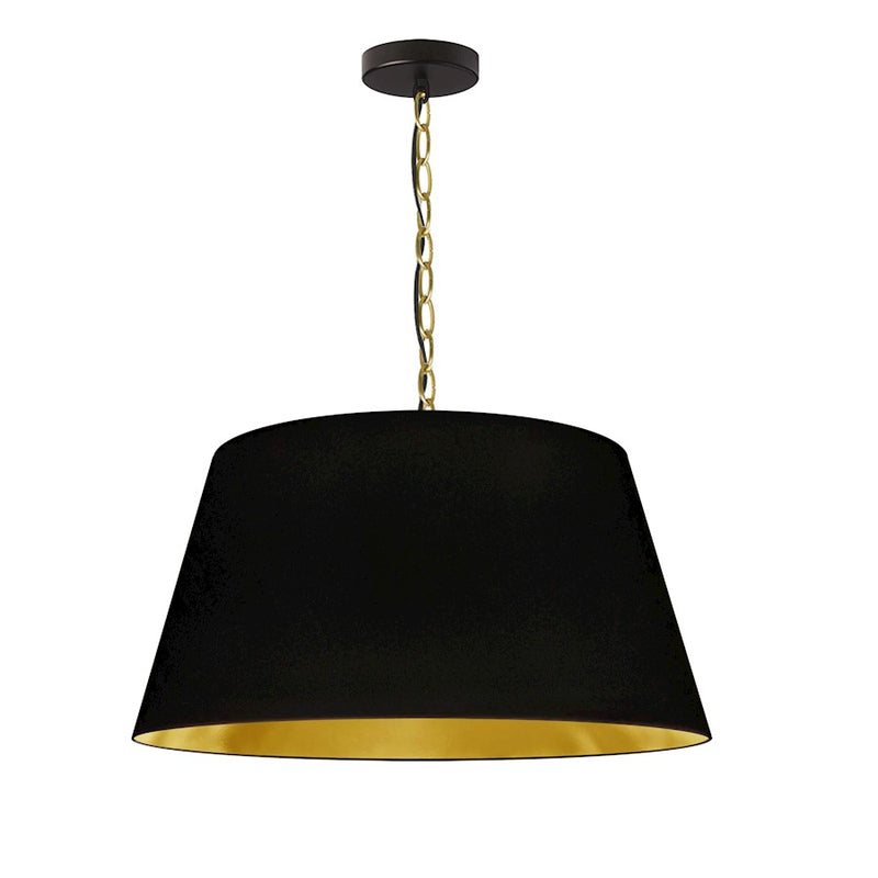 Dainolite Brynn 20in 1-Light Pendant | Transitional Black Metal and Aged Brass with Gold Fabric Drum Shade | Kitchen Island & Dining | Model BRY-M-AGB-698