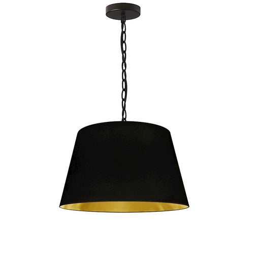 Dainolite Brynn 14in 1-Light Pendant | Transitional Black Metal and Gold Fabric Drum Shade | Kitchen Island & Dining Room | 14 x 14 x | Model BRY-S-BK-698