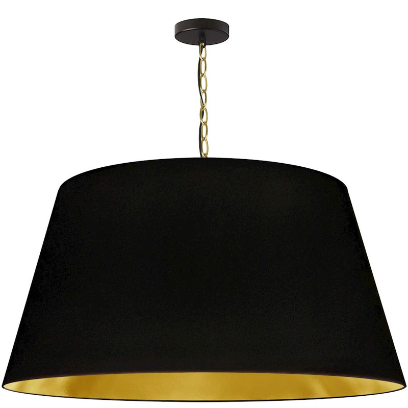 Dainolite Brynn 32in 1-Light Pendant | Transitional Black and Aged Brass Metal with Gold Fabric Drum Shade | Kitchen Island & | Model BRY-XL-AGB-698