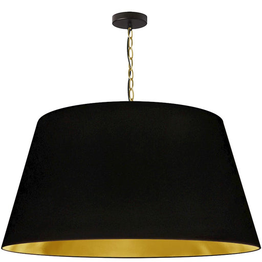 Dainolite Brynn 32in 1-Light Pendant | Transitional Black and Aged Brass Metal with Gold Fabric Drum Shade | Kitchen Island & | Model BRY-XL-AGB-698