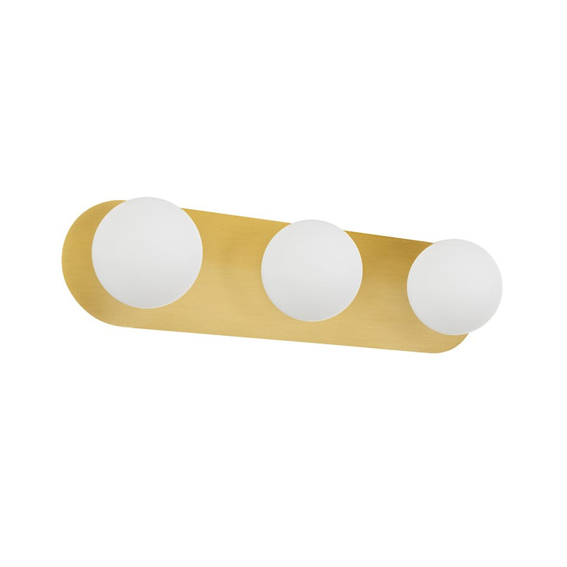 Dainolite Burlat 24in 3-Light Vanity Light | Contemporary Aged Brass and White Glass | Bathroom & Powder Room | 24 x 6 x 6 in | Model BUR-3W-AGB-WH