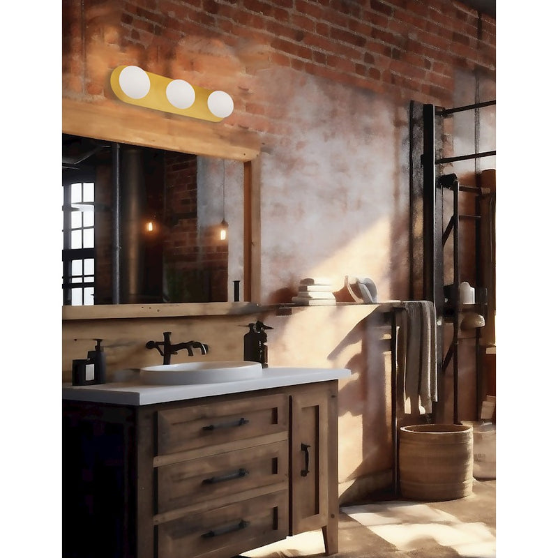 Dainolite Burlat 24in 3-Light Vanity Light | Contemporary Aged Brass and White Glass | Bathroom & Powder Room | 24 x 6 x 6 in | Model BUR-3W-AGB-WH
