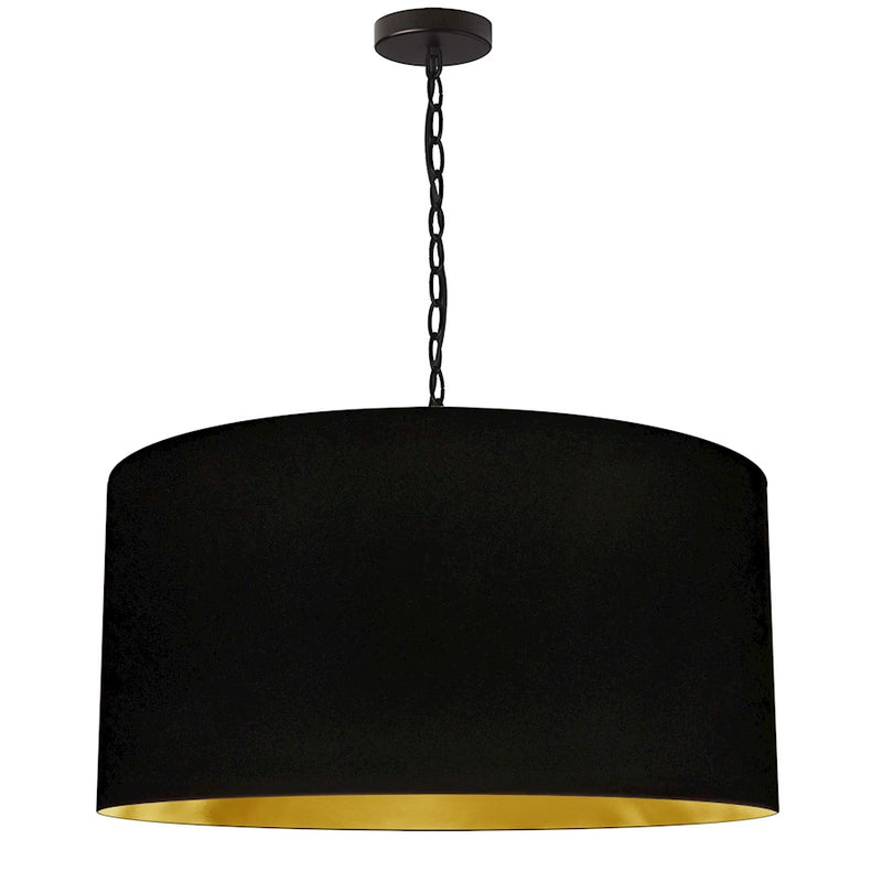 Dainolite Braxton 26in 1-Light Pendant | Transitional Matte Black and Gold Fabric Drum Shade | Kitchen Island & Dining Room | 26 x 26 | Model BXN-L-BK-698