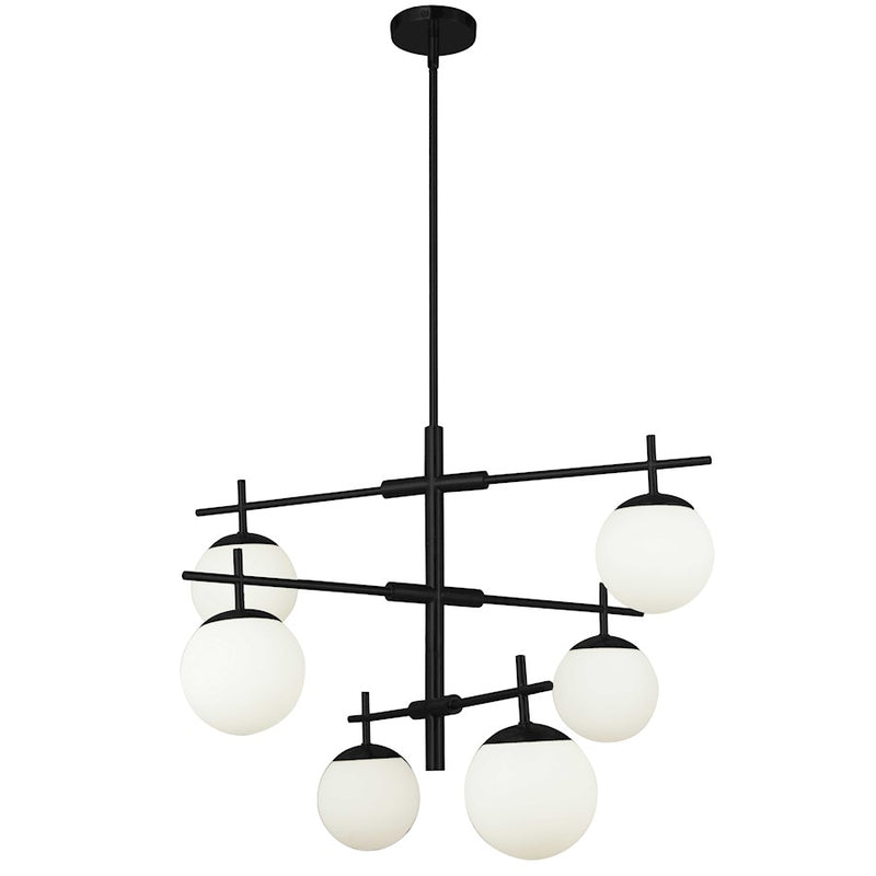 Dainolite Caelia 30in 6-Light Chandelier | Contemporary Matte Black and White Opal Glass | Dining Room & Kitchen | Model CAE-306C-MB