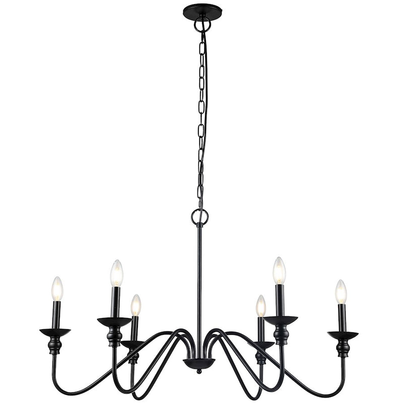Dainolite Clara 36in 6-Light Chandelier | Traditional Matte Black Metal | Dining Room & Kitchen | 36 x 36 x 19 in | Model CLA-366C-MB