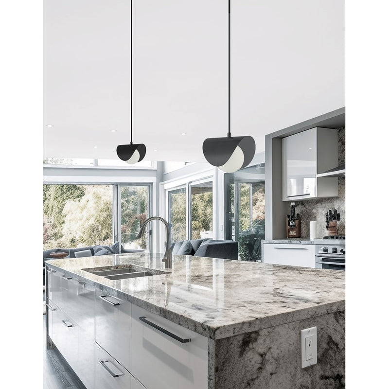 Dainolite Cresent 6in 1-Light Pendant | Contemporary Matte Black & White Glass | Kitchen Island & Foyer | 6 x 6 x 5 in | Model CRT-61P-MB
